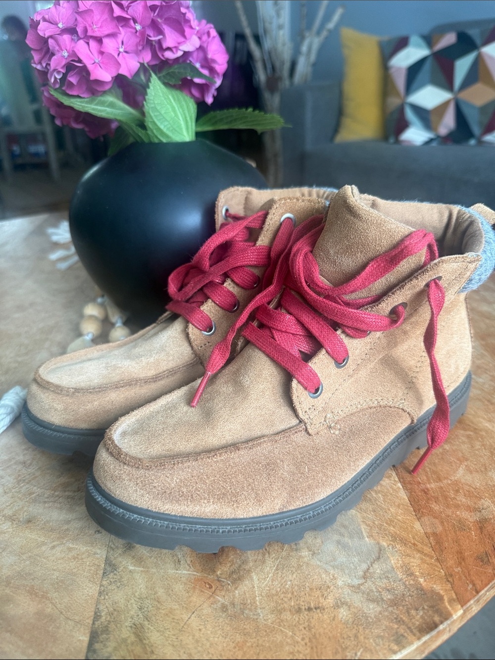 Sorel Tan Suede Ankle Boots with Red Laces